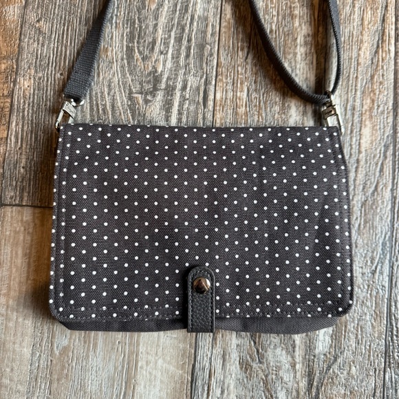 Thirty One Double Up Crossbody Purse Gray White Polka Dot With Turquoise Lining - Picture 2 of 10